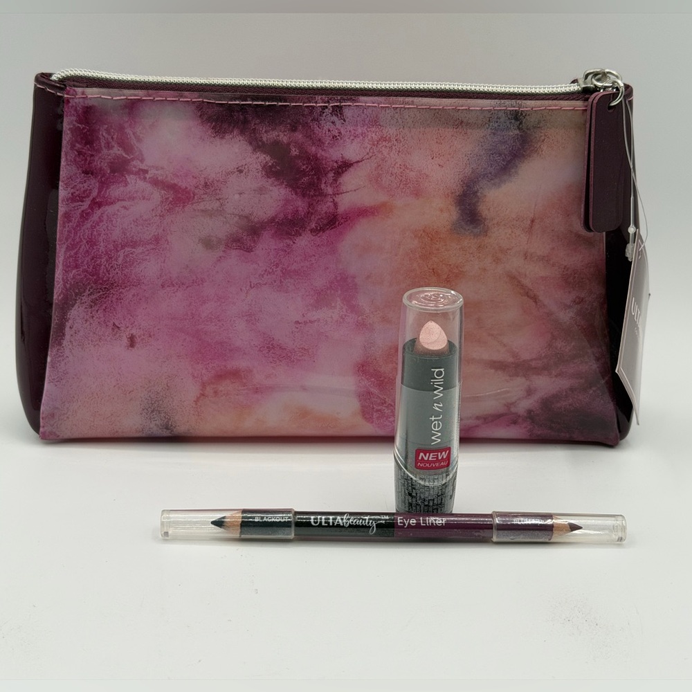 Ulta Purple Makeup Bag With Ulta Eye Liner And Wet n Wild Pink Lipstick - New
